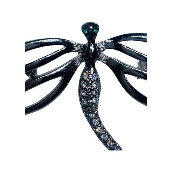 Shimmering Crystal Rhinestone Dragon Fly Vintage Silver Tone Brooch Pin 2.75” - Picture 5 of 15